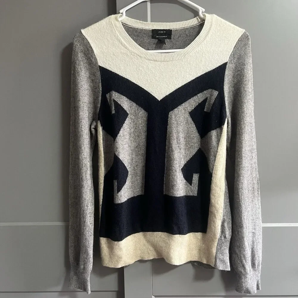J.Crew Women Intarsia Colorblock Geometric Knit Sweater Medium Academia